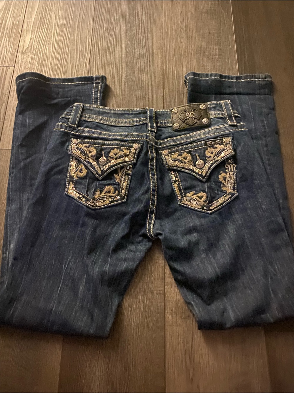 Miss Me Dark Blue Bootcut Jeans with Gold Embroidered Pockets